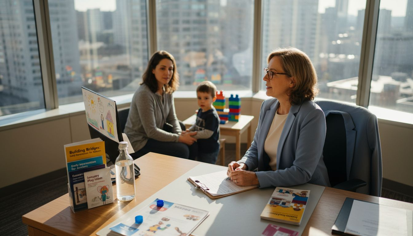 Autism doctor consulting with parent and child