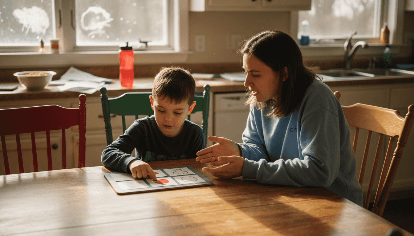 Mother and autistic child use picture board