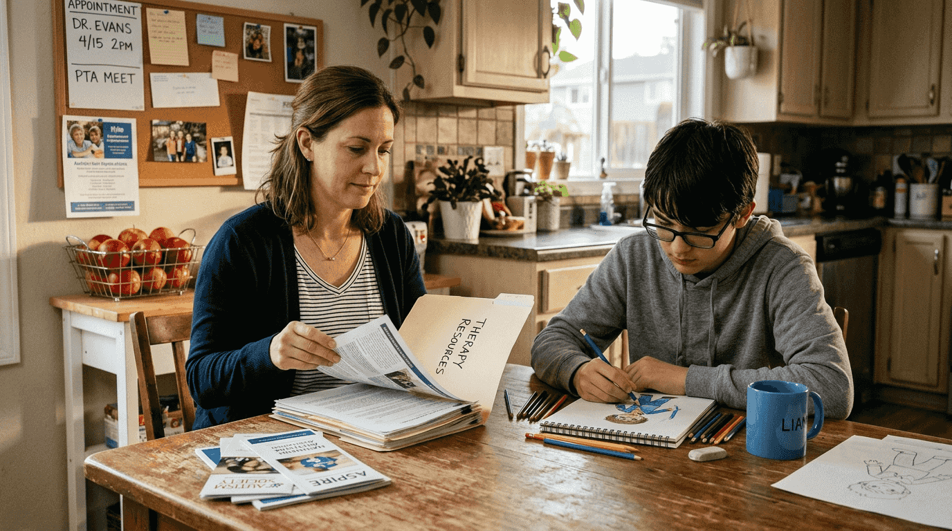 Family discussing autism support resources at table