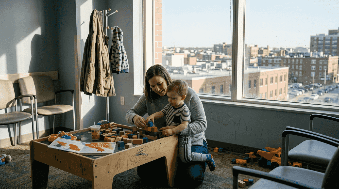 Mother helping child in clinic waiting room