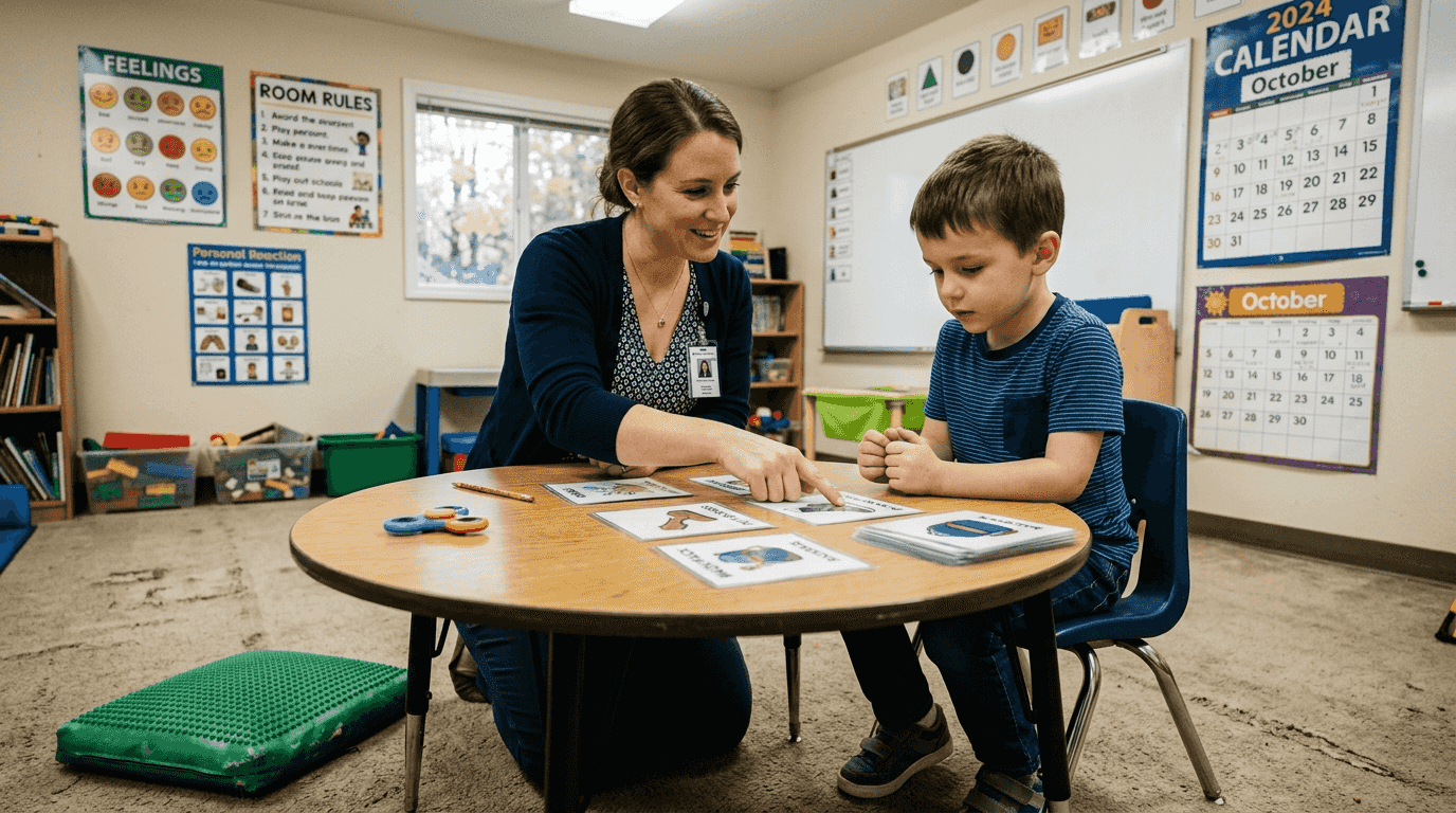 Therapist working with young child at table
