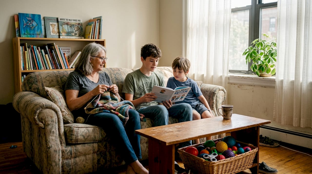 Family reading book about autism together in home