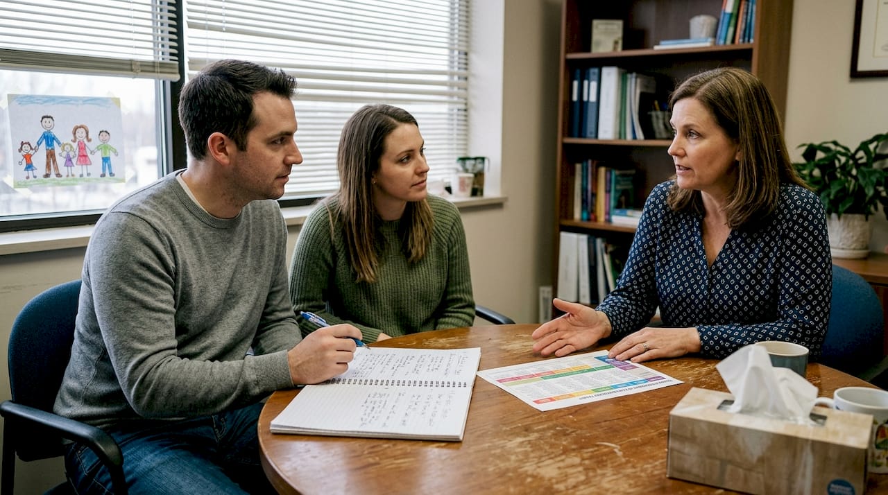 Parents discuss autism care with specialist