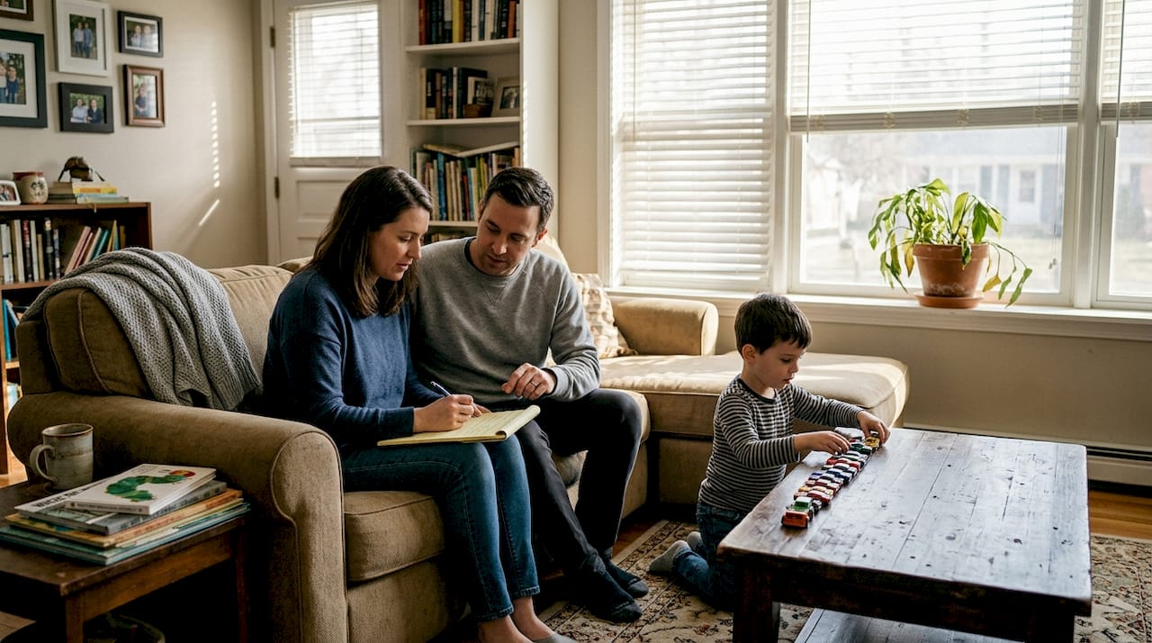 Family discusses autism care in cozy living room