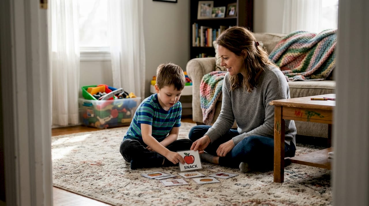 Mother and son using picture communication at home