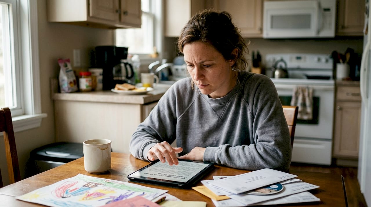 Parent researching autism treatments at kitchen table