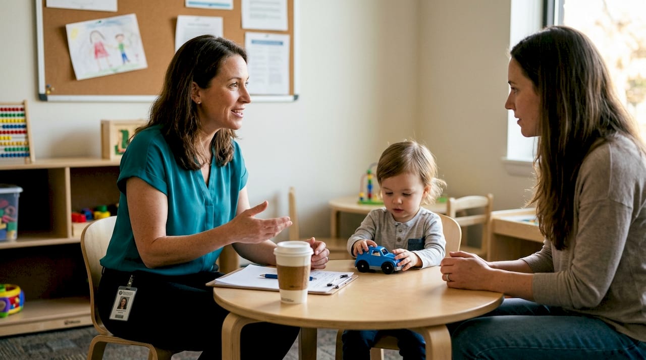 Doctor consults with mother and child in clinic