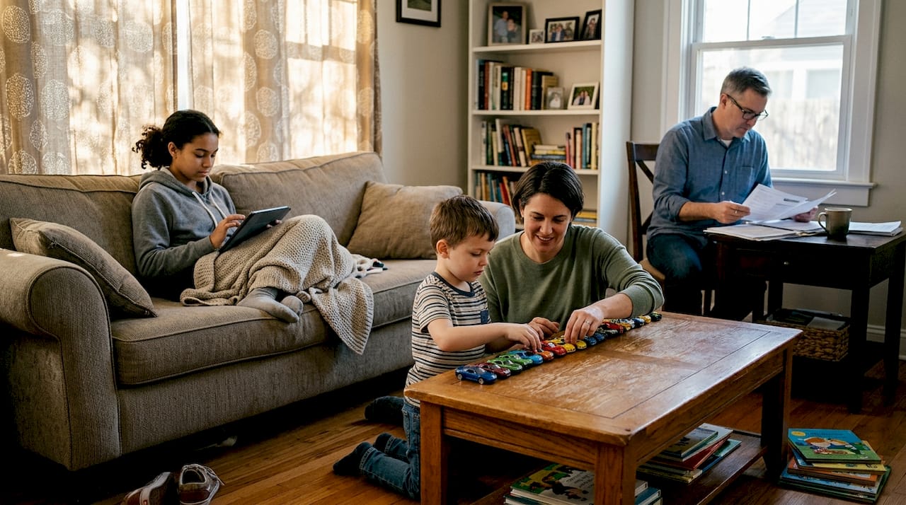 Family managing daily autism routines at home