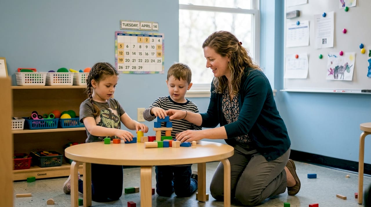 Special education teacher guiding children at table