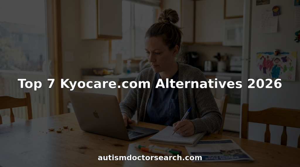 Parent researching autism therapy on laptop at kitchen table