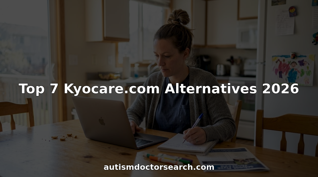 Parent researching autism therapy on laptop at kitchen table