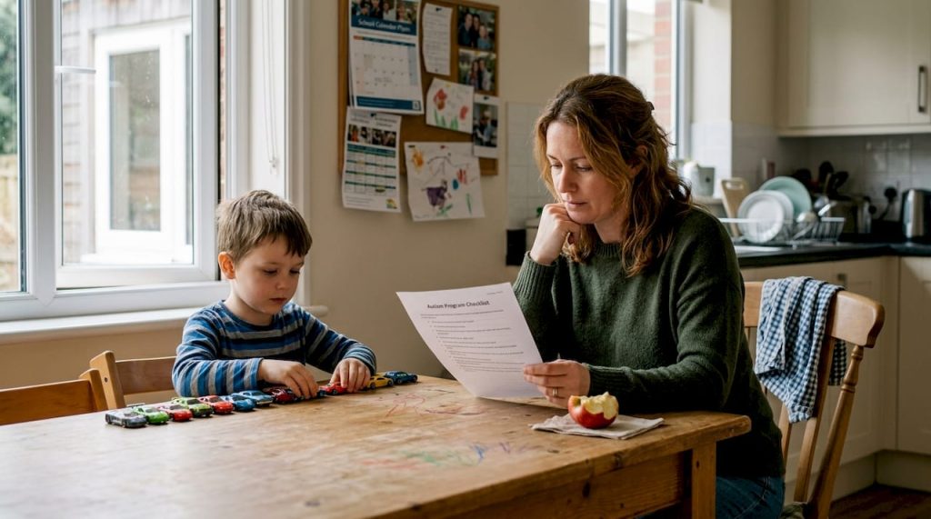Parent reviewing autism program checklist at home