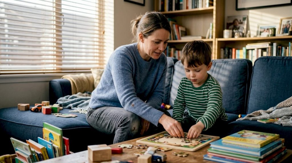 Mother supports child with autism at home