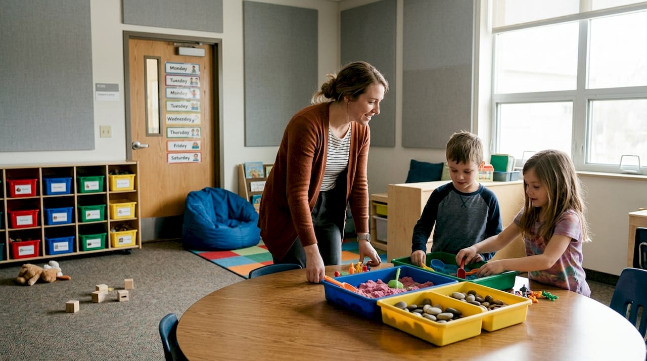 Teacher and students in sensory-friendly classroom