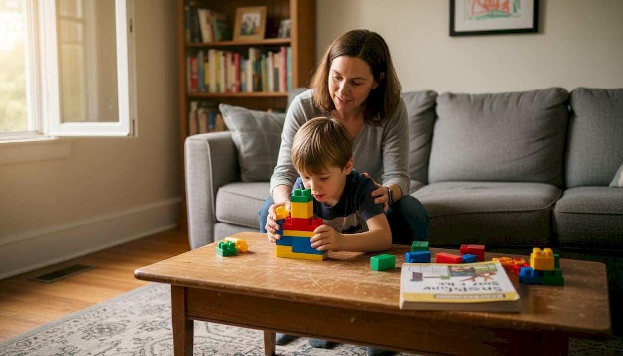 Parent playing therapy games with autistic child