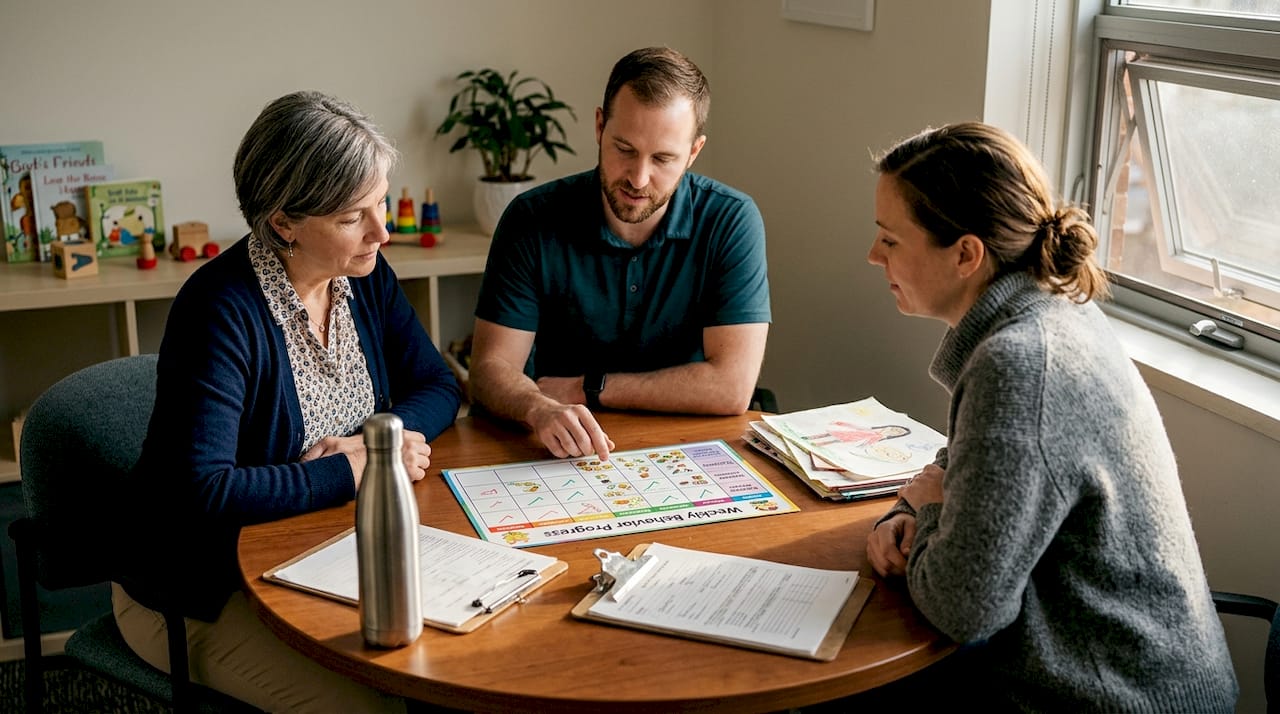 Autism care team meets with parent in clinic