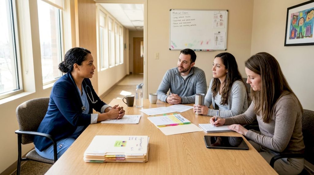 Autism care team and parents in clinic meeting