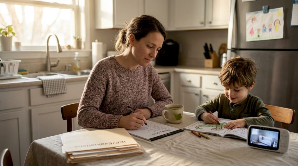 Parent reviewing therapy notes at kitchen table