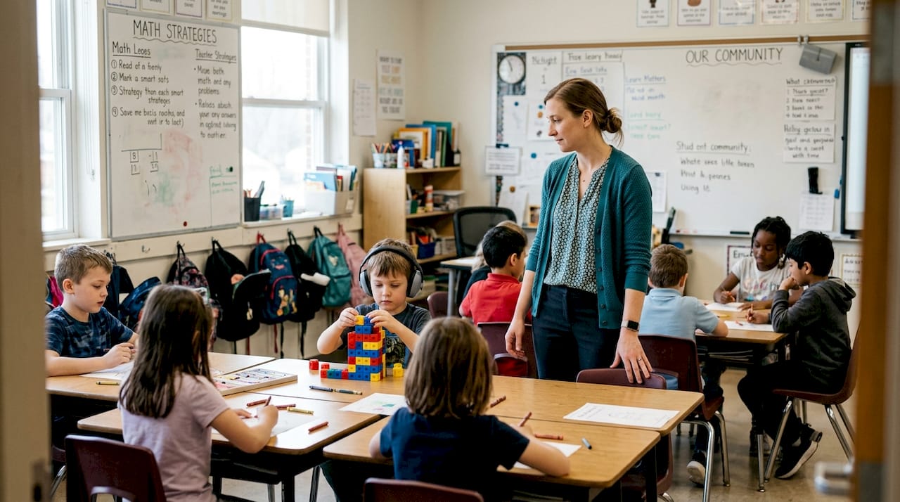 Teacher guiding inclusive classroom with autistic student