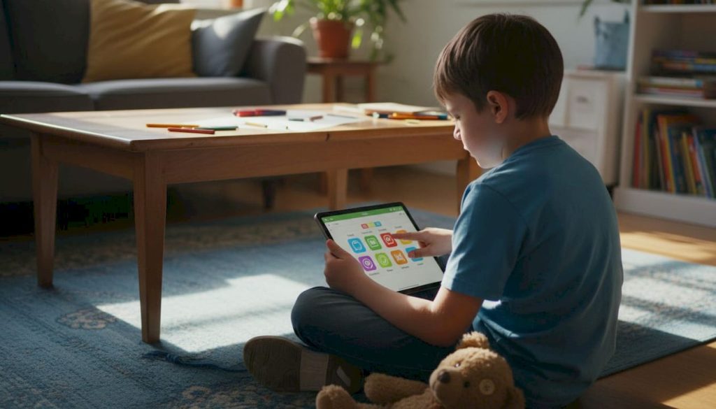 Child using tablet for communication at home