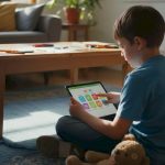 Child using tablet for communication at home