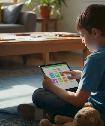 Child using tablet for communication at home