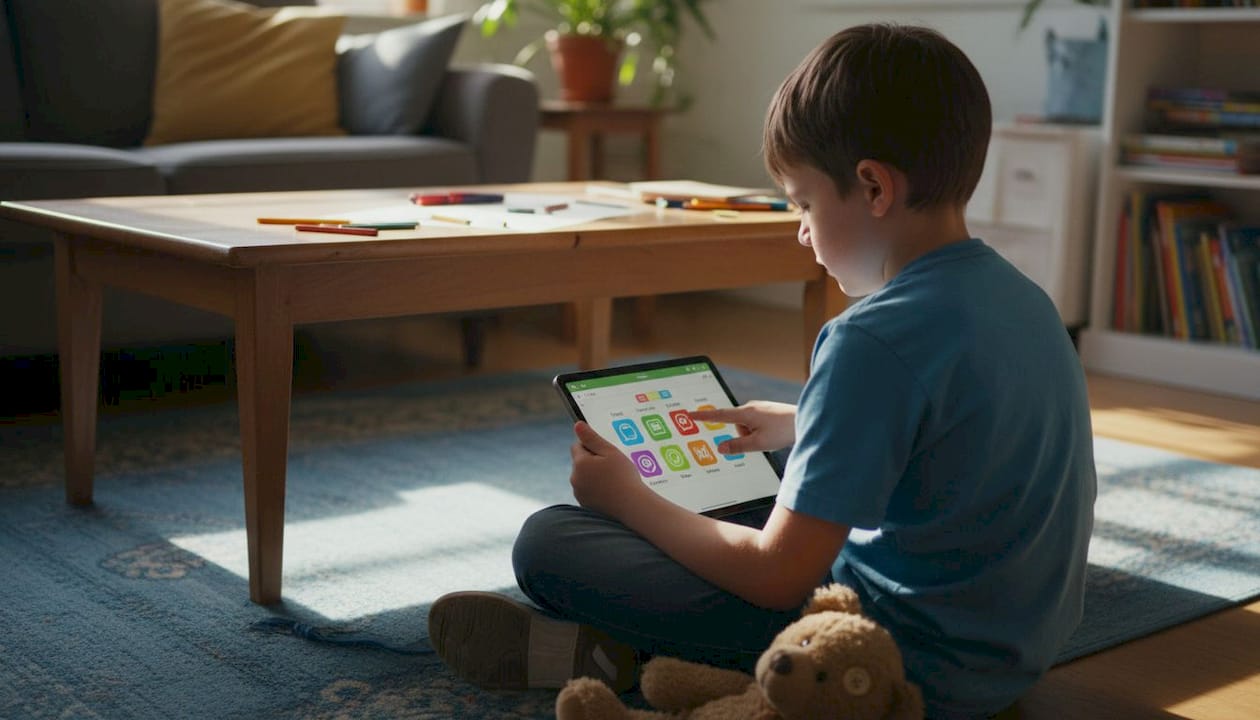 Child using tablet for communication at home