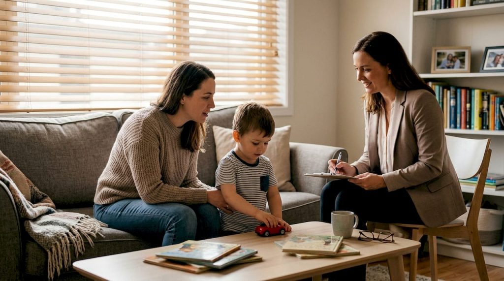 Parent and child meeting psychologist at home