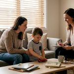 Parent and child meeting psychologist at home
