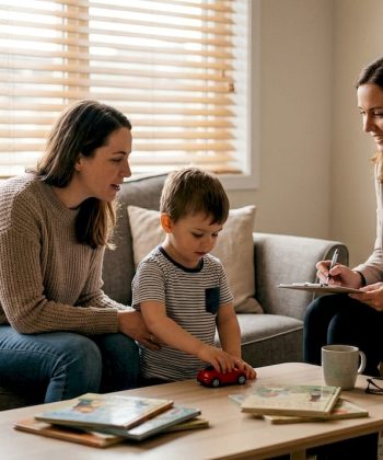 Parent and child meeting psychologist at home