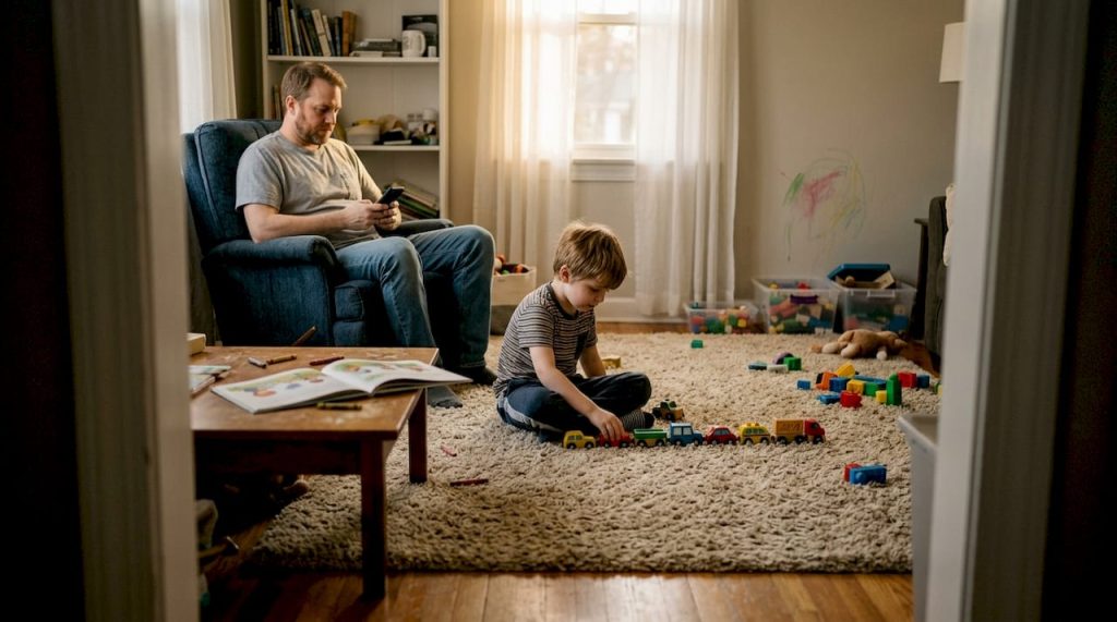 Autistic child quietly playing in living room