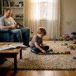 Autistic child quietly playing in living room