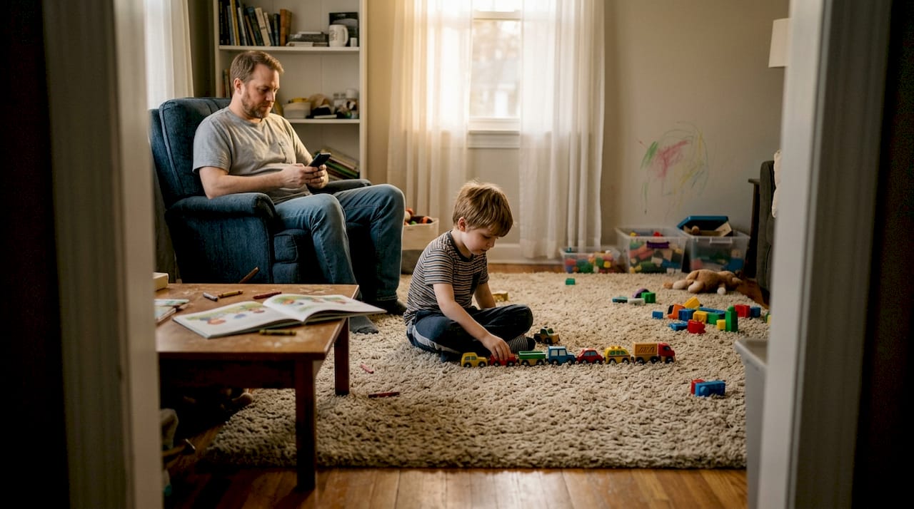 Autistic child quietly playing in living room