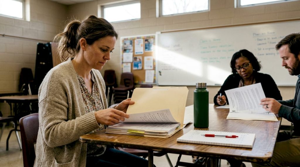 Parent reviewing documents at school meeting