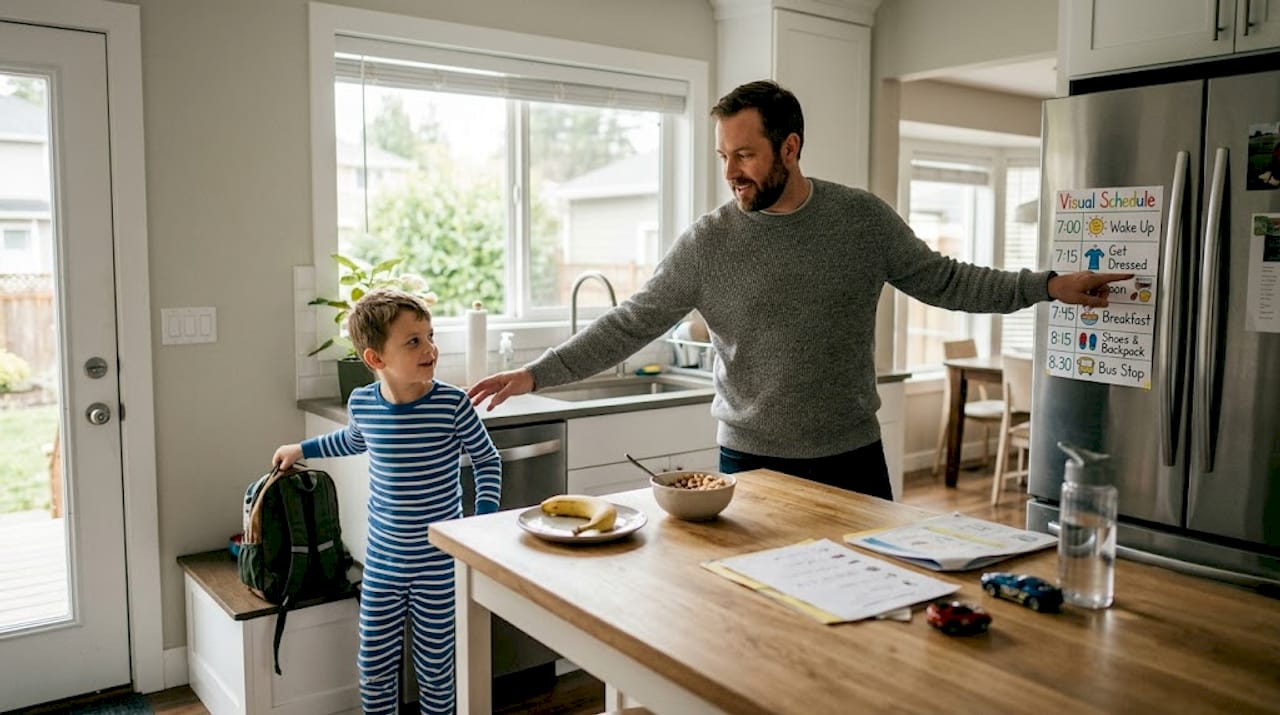 Parent and child follow ABA morning routine