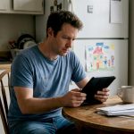 Father reading autism article in kitchen