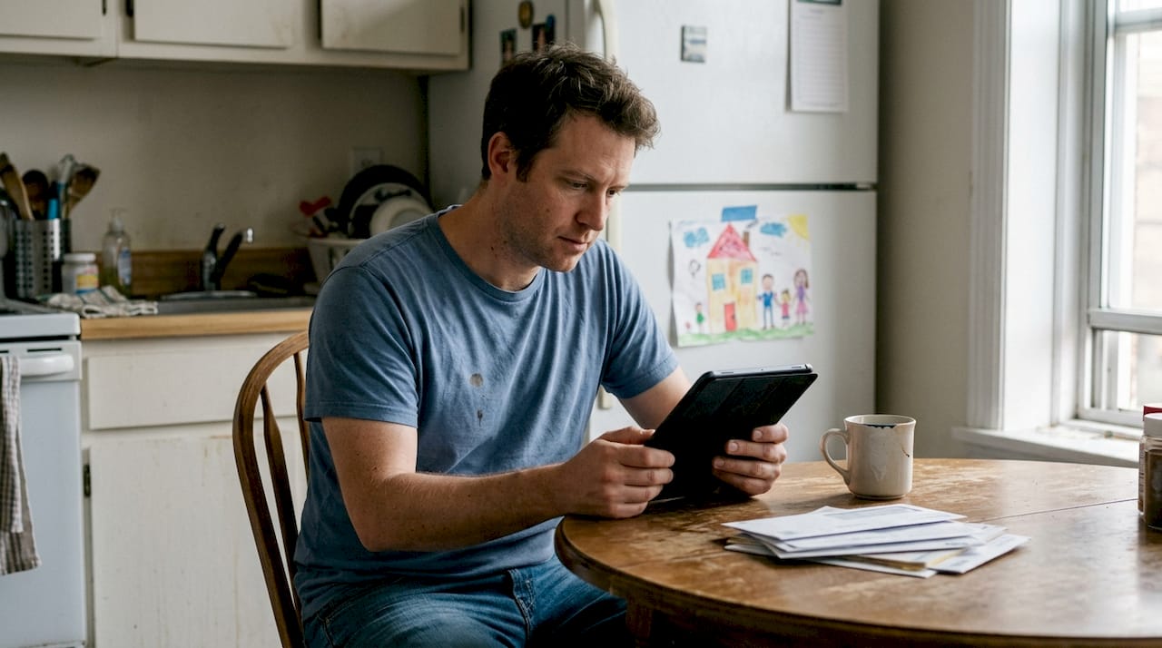 Father reading autism article in kitchen