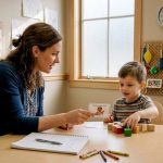 Speech therapist working with child using cards