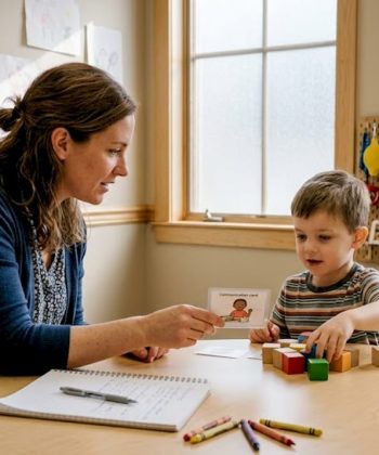 Speech therapist working with child using cards