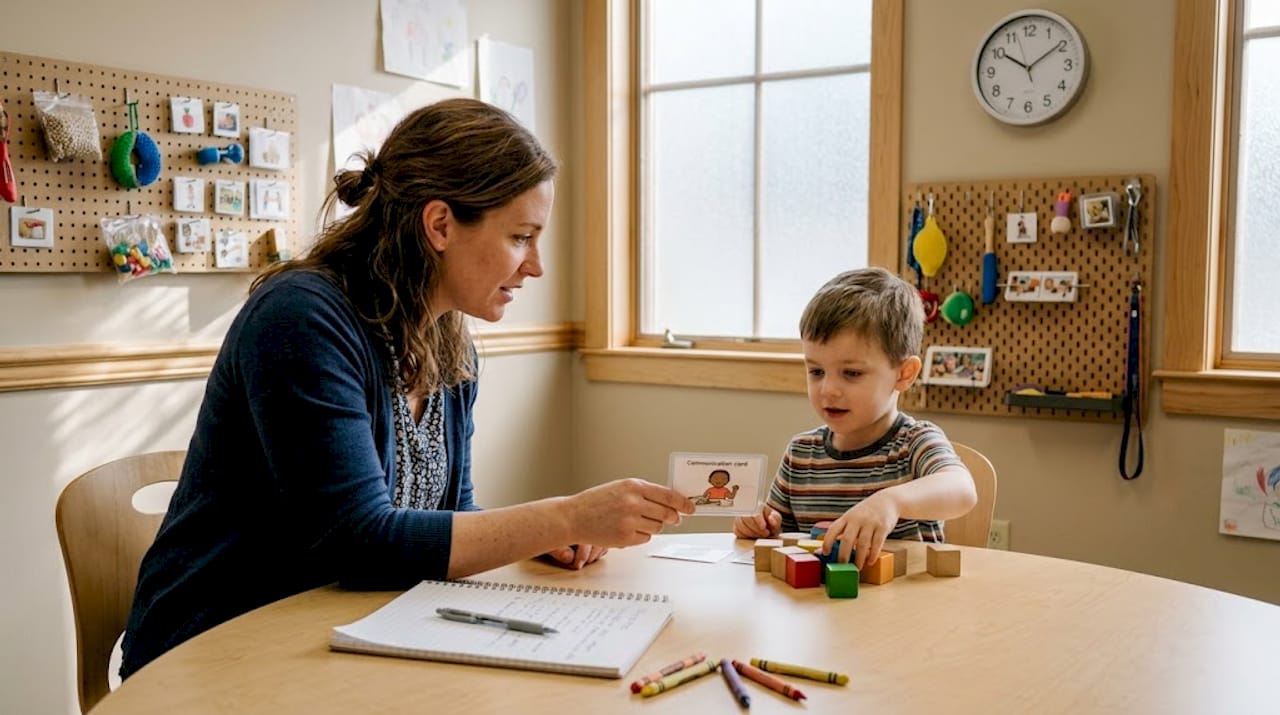 Speech therapist working with child using cards