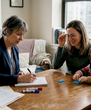 Clinical psychologist meeting with mother and child