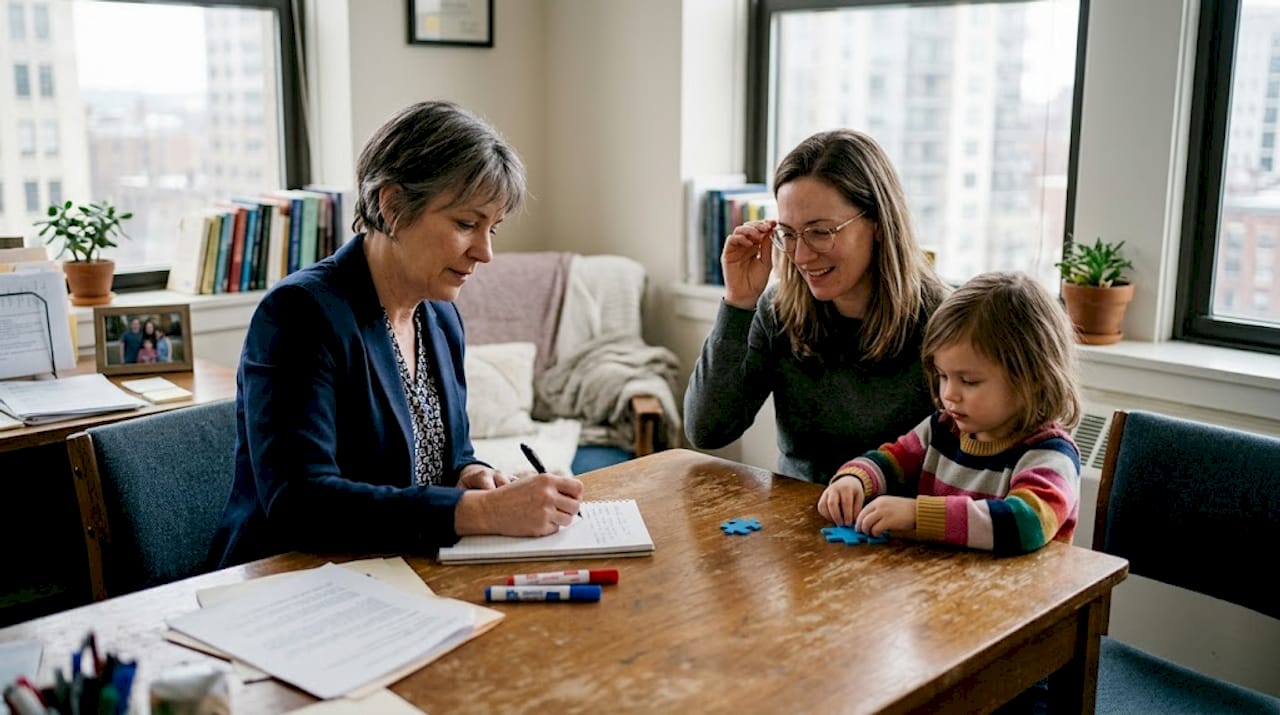 Clinical psychologist meeting with mother and child