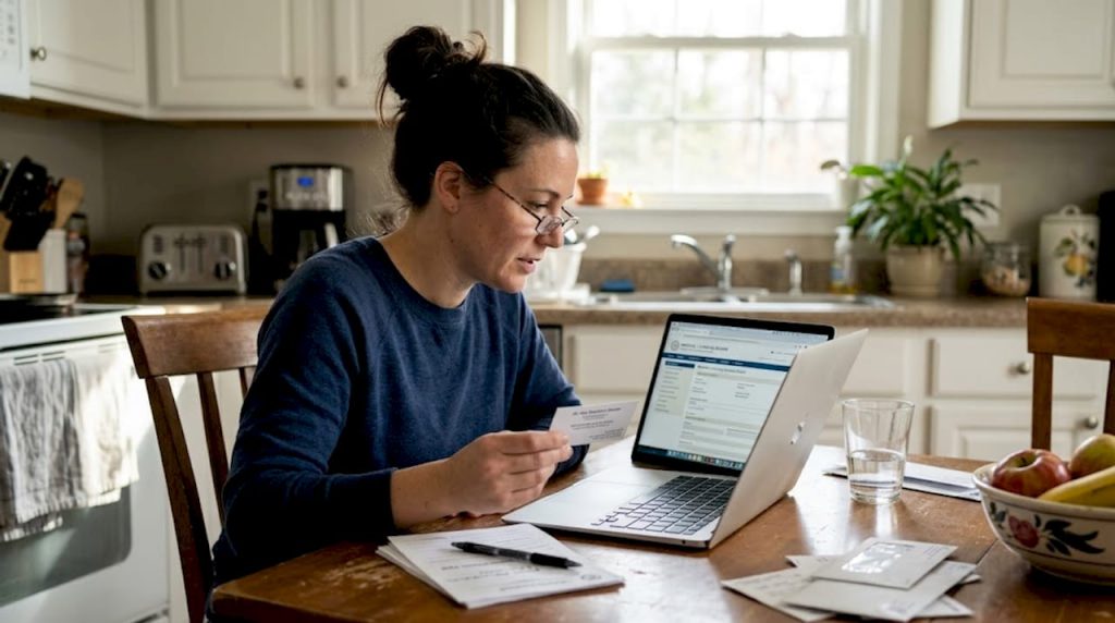 Mother verifying autism doctor credentials at kitchen table