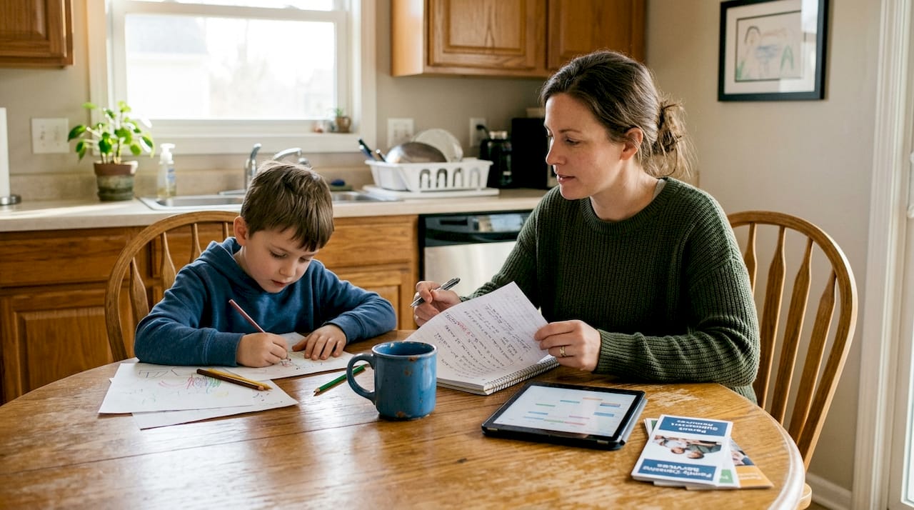 Mother and son planning autism support meeting