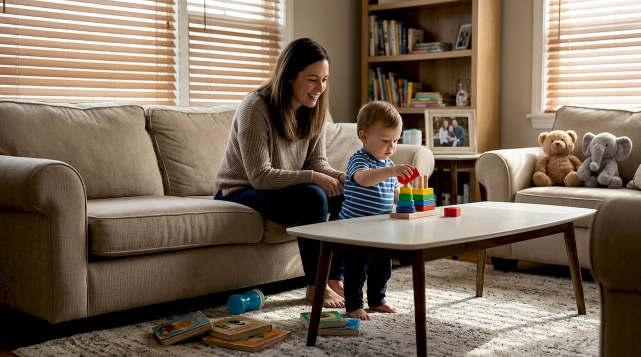 Mother observing toddler playing with stacking toy