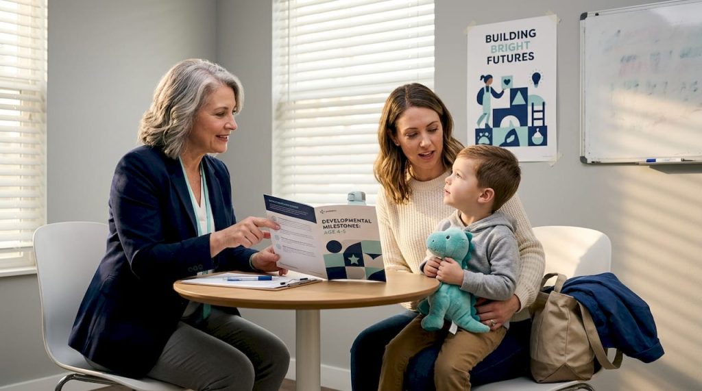 Pediatrician consulting parent and child in exam room