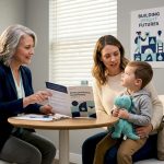 Pediatrician consulting parent and child in exam room