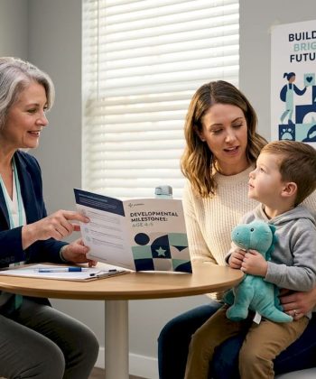 Pediatrician consulting parent and child in exam room