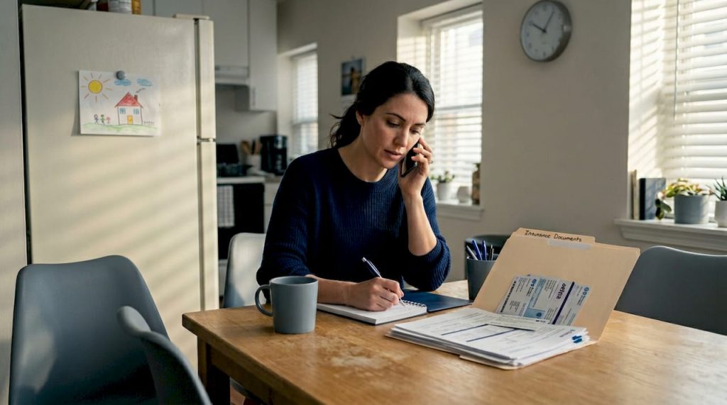 Mother booking autism specialist at kitchen table
