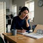 Mother booking autism specialist at kitchen table